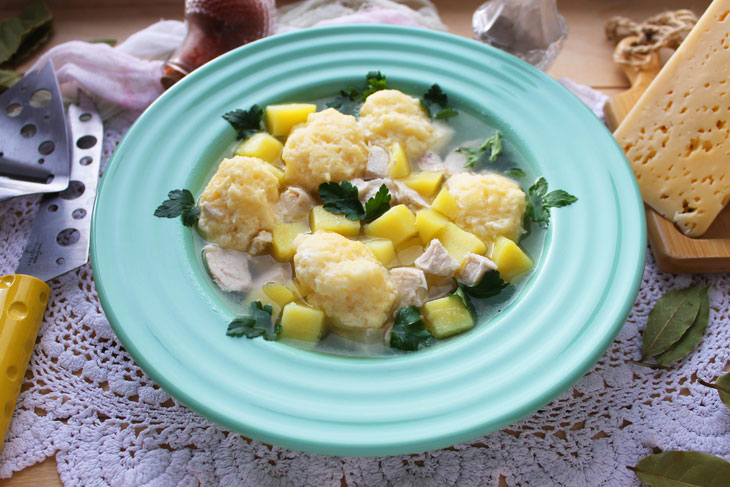 Soup with cheese dumplings - a hearty and tasty first course from simple products