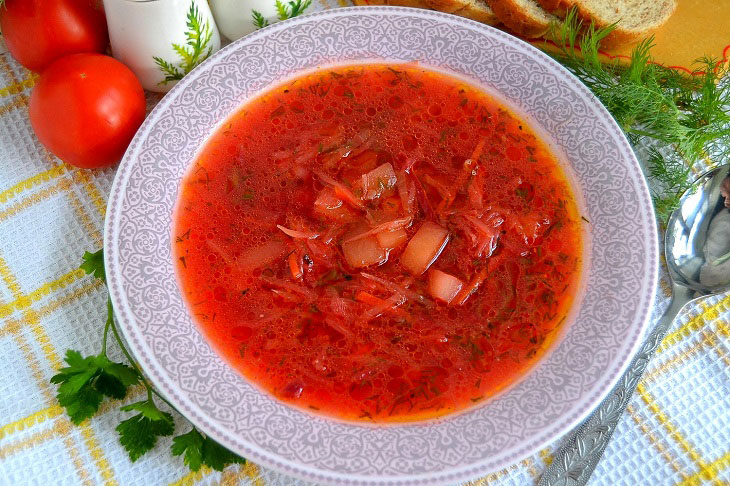 Borscht from summer vegetables with beets - very tasty and fragrant