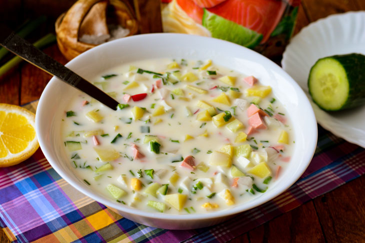 Okroshka on the water with mayonnaise and lemon juice - a great cold soup for the summer