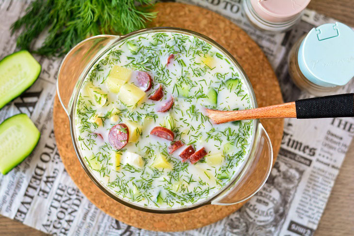 Okroshka on whey with sausages - refreshing and fragrant