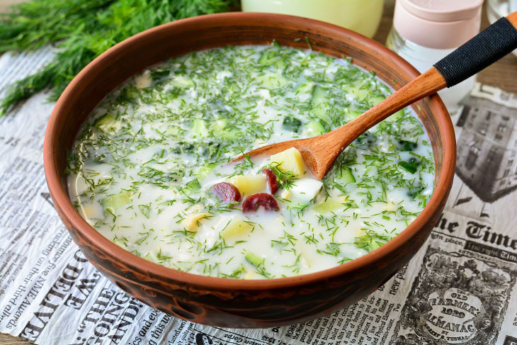 Okroshka on whey with sausages - refreshing and fragrant