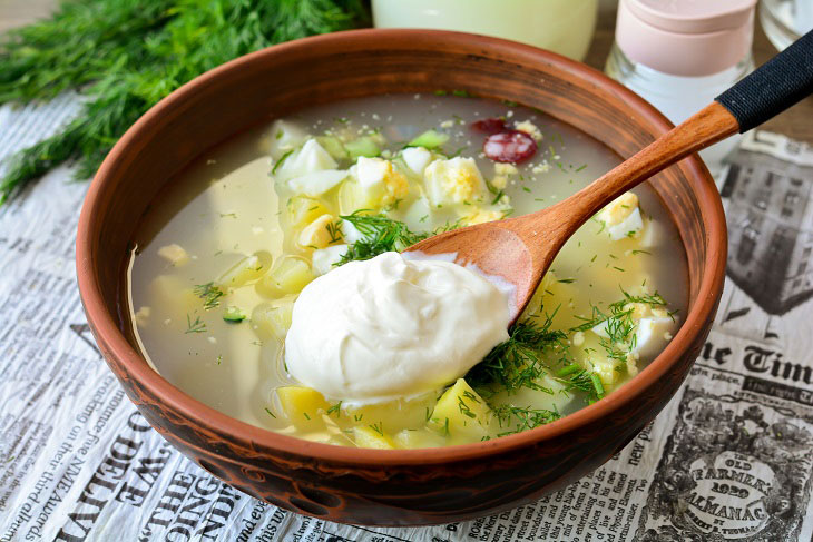 Okroshka on whey with sausages - refreshing and fragrant