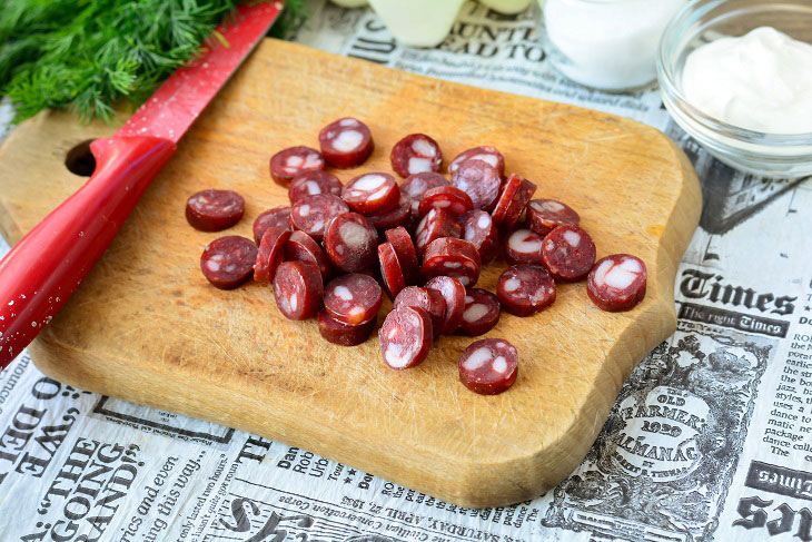 Okroshka on whey with sausages - refreshing and fragrant