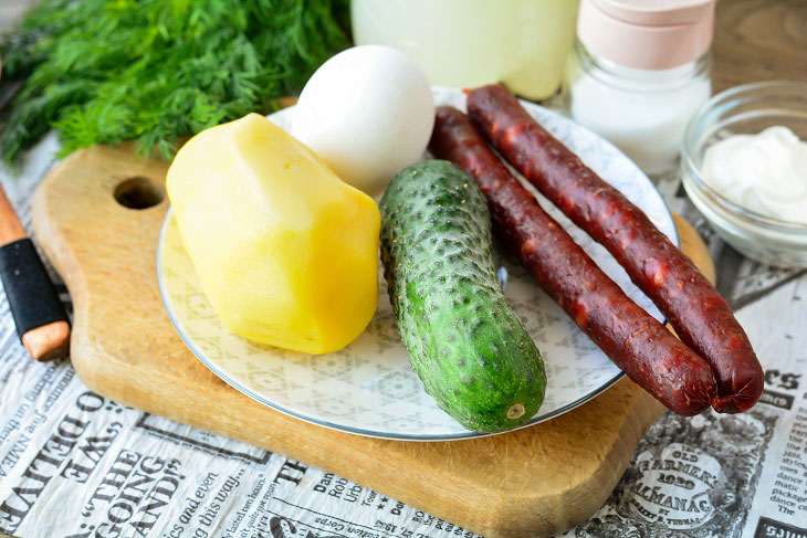 Okroshka on whey with sausages - refreshing and fragrant