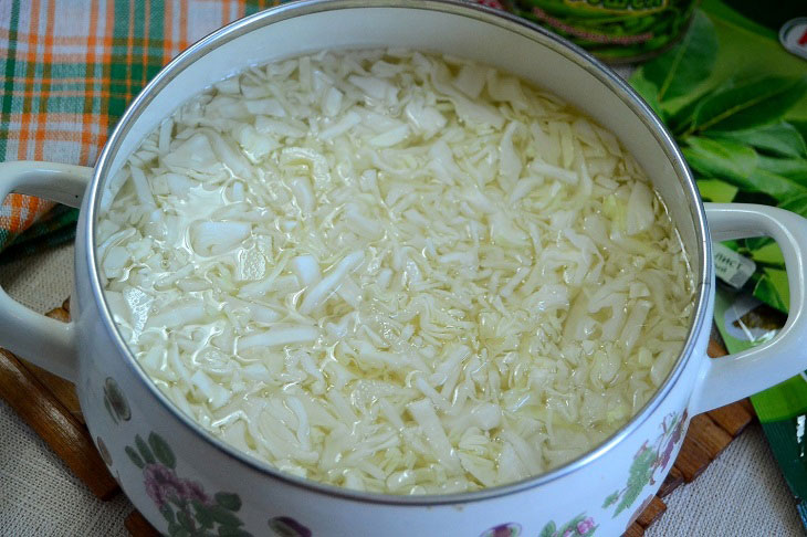 Summer fragrant soup with young cabbage and green peas