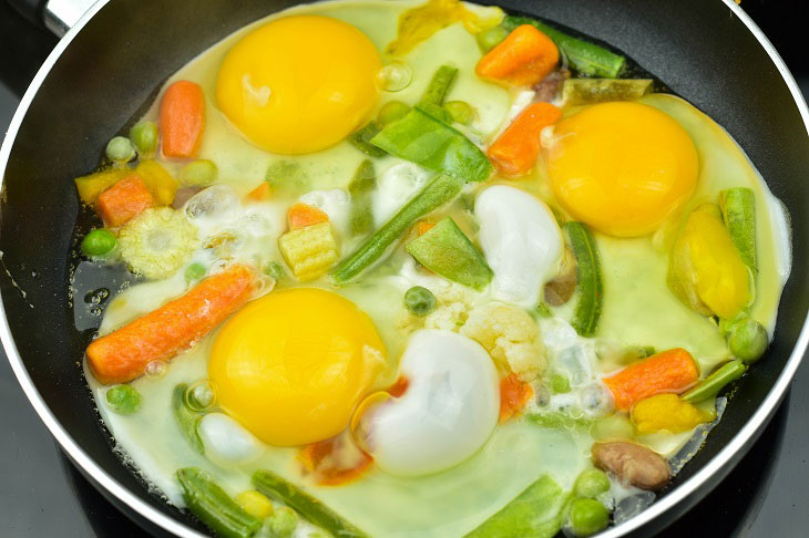 Fried eggs with vegetables in a pan - easy to prepare and very tasty