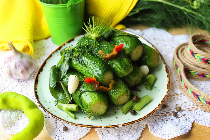 Lightly salted cucumbers in a saucepan - fragrant and crispy