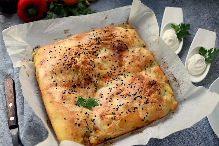 Quick aspic pie with minced meat - a hearty meal for the whole family