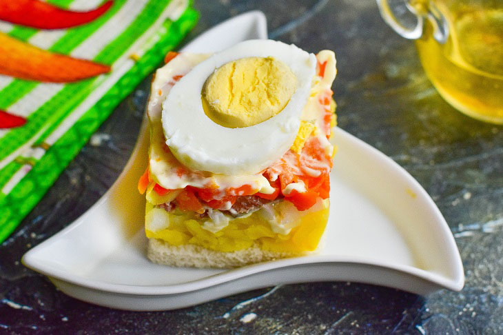 Festive canape with Mimosa salad - a bright and tasty appetizer