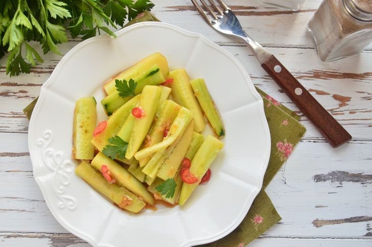 Cucumbers in a spicy marinade - a great savory snack