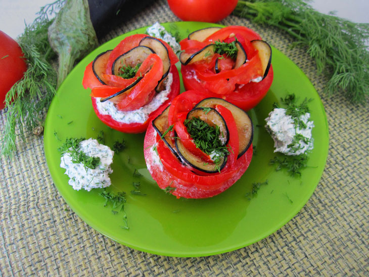 Beautiful appetizer of tomatoes with cottage cheese from a simple set of products