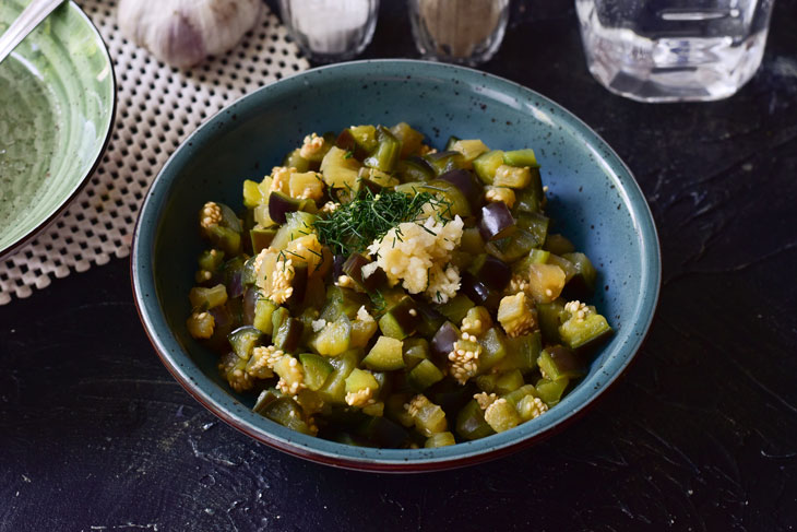 Pickled eggplants with garlic and herbs - will quickly scatter from the family table