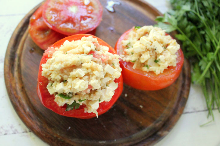 Stuffed tomatoes with couscous, cheese and nuts - a step by step recipe with a photo