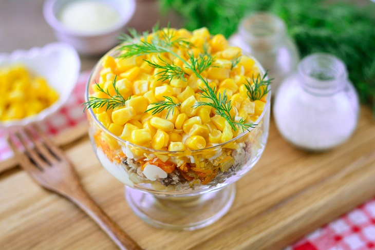 Salad "Mimosa" with corn - juicy, appetizing and festive