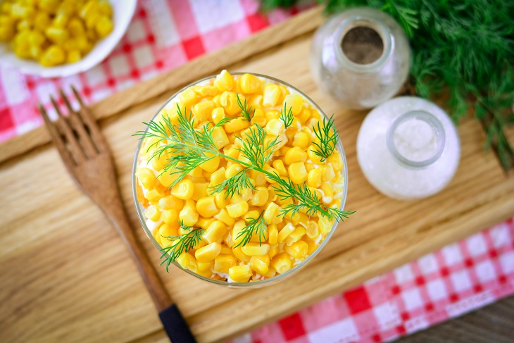 Salad "Mimosa" with corn - juicy, appetizing and festive