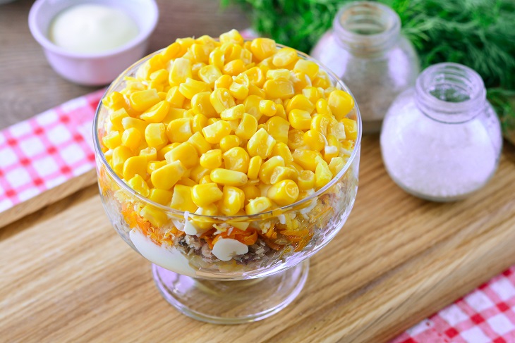 Salad "Mimosa" with corn - juicy, appetizing and festive