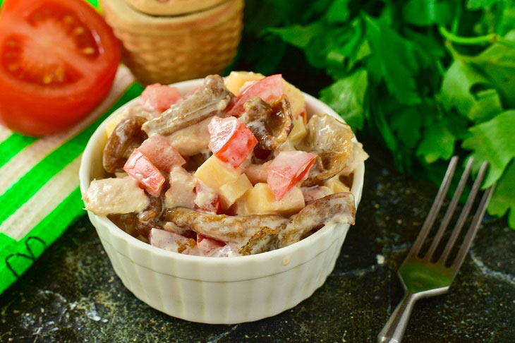 Salad "Alex" with chicken and forest mushrooms - a special aroma and taste