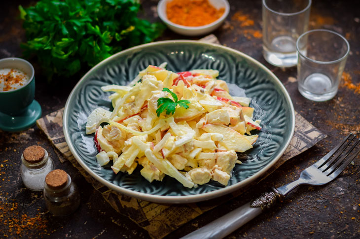 Salad "Mermaid" with squid and chicken - very tasty and original