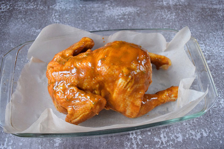 Chicken in the oven in barbecue sauce - very juicy, with a crispy crust