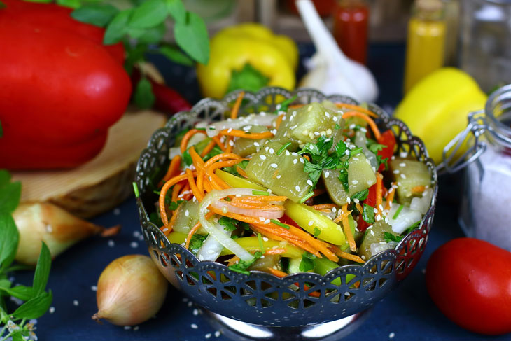 Eggplant salad in Korean from affordable and inexpensive ingredients