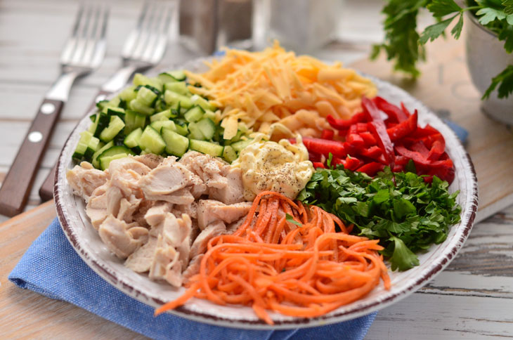 Vegetable salad "Traffic light" with chicken - bright and appetizing