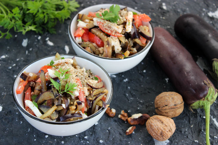 Eggplant salad with tomatoes and Adyghe cheese