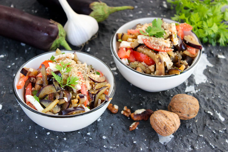 Eggplant salad with tomatoes and Adyghe cheese