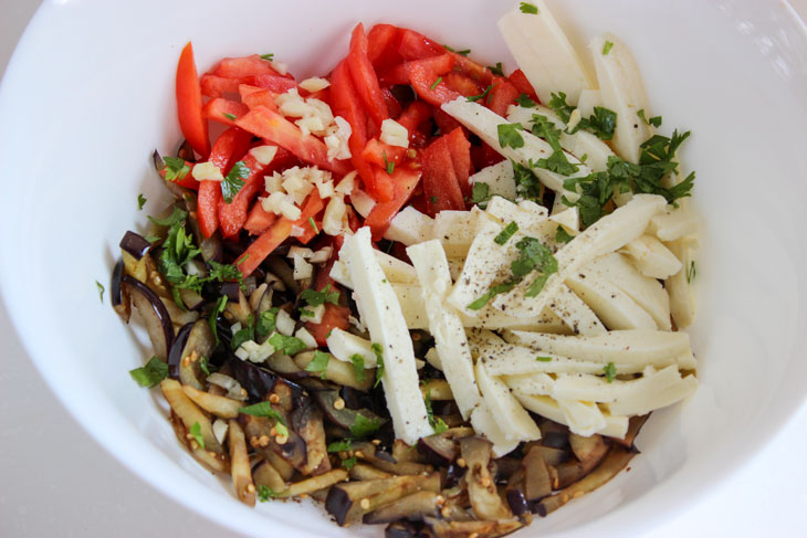 Eggplant salad with tomatoes and Adyghe cheese