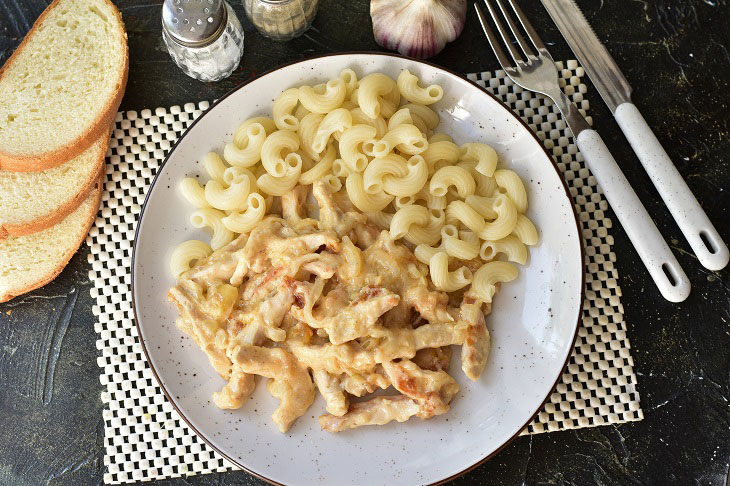 Chicken beef stroganoff with sour cream - it turns out very tender and tasty