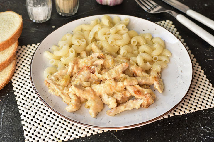 Chicken beef stroganoff with sour cream - it turns out very tender and tasty