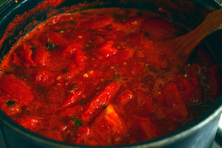 Cucumbers in tomato sauce for the winter - a step by step recipe with a photo