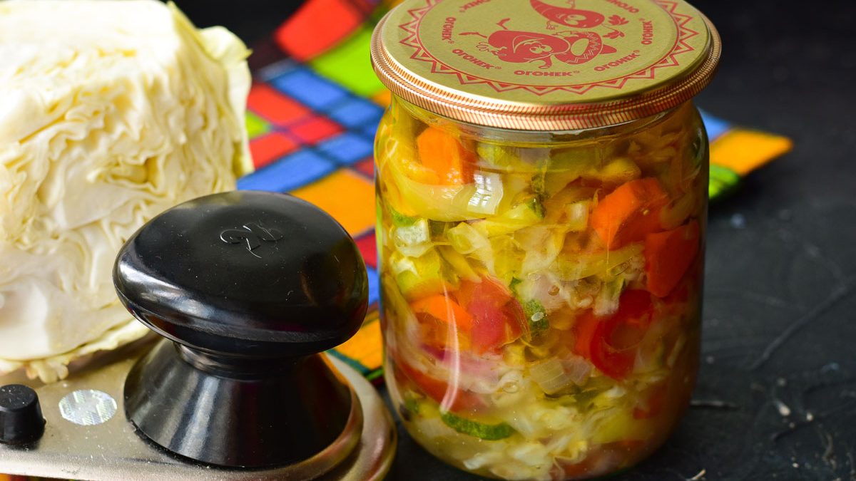 Salad “Hunter” with cabbage in jars for the winter – simply and quickly