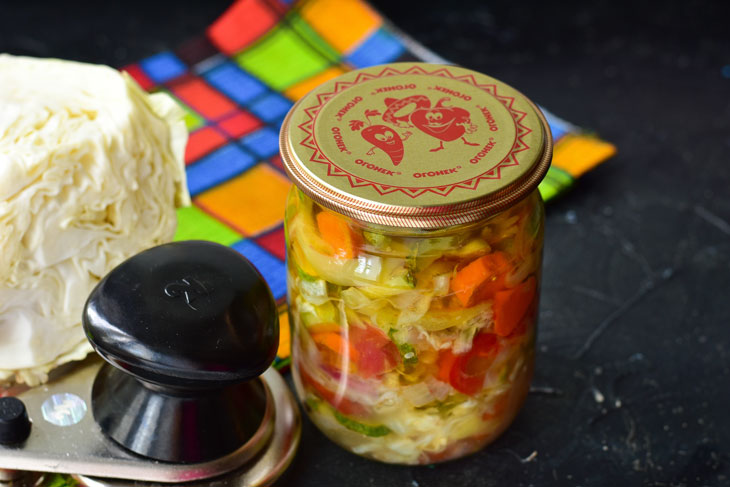 Salad "Hunter" with cabbage in jars for the winter - simply and quickly