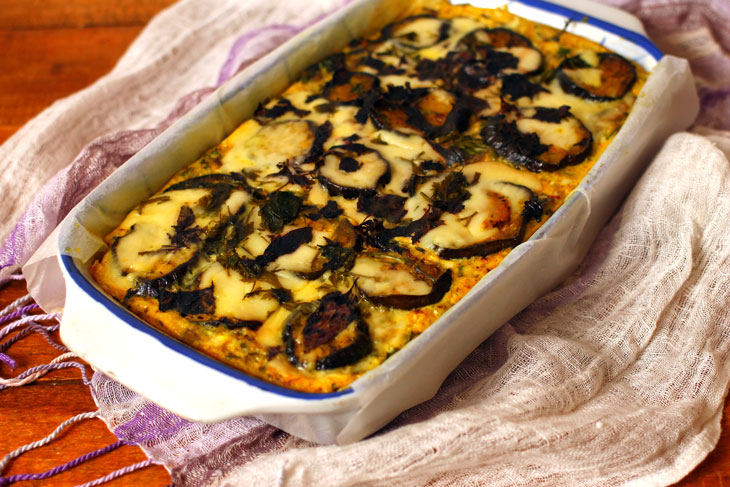 Casserole with mushrooms, eggplant and mashed potatoes