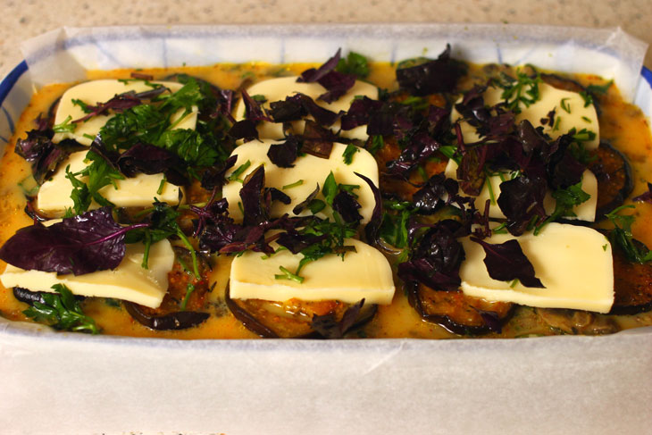 Casserole with mushrooms, eggplant and mashed potatoes