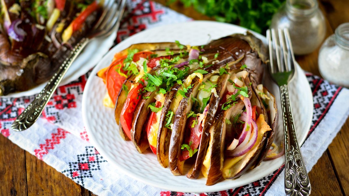 Eggplant Fan with Tomatoes and Cheese