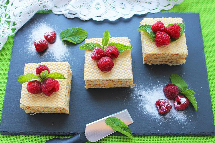 Waffle cake with condensed milk and nuts - quick, simple and incredibly tasty