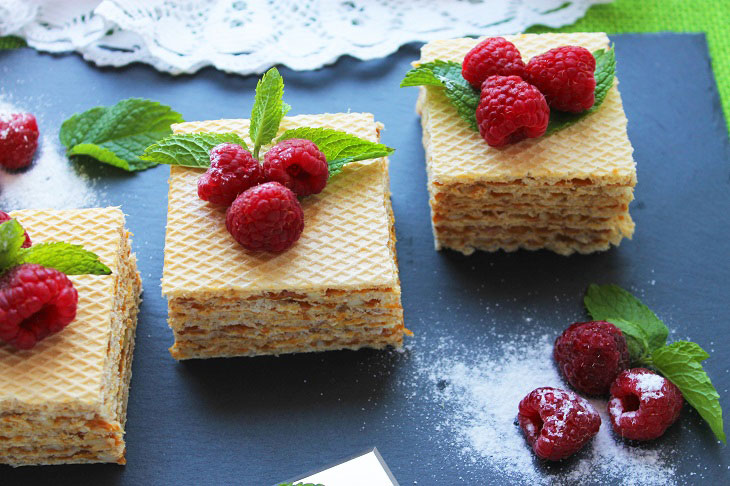 Waffle cake with condensed milk and nuts - quick, simple and incredibly tasty