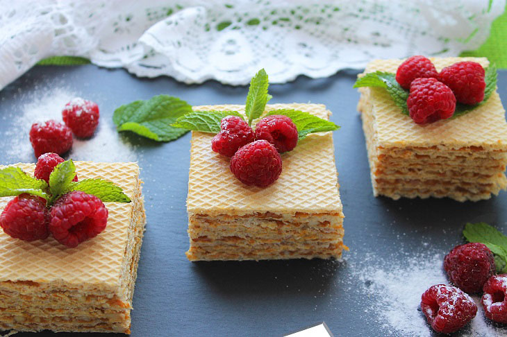 Waffle cake with condensed milk and nuts - quick, simple and incredibly tasty