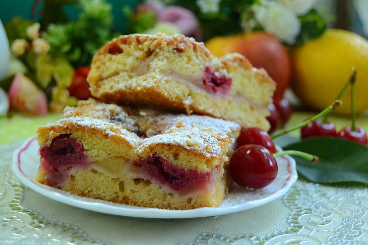 Homemade shortbread pie with apples and cherries - very tasty and fragrant