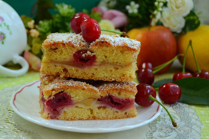 Homemade shortbread pie with apples and cherries - very tasty and fragrant